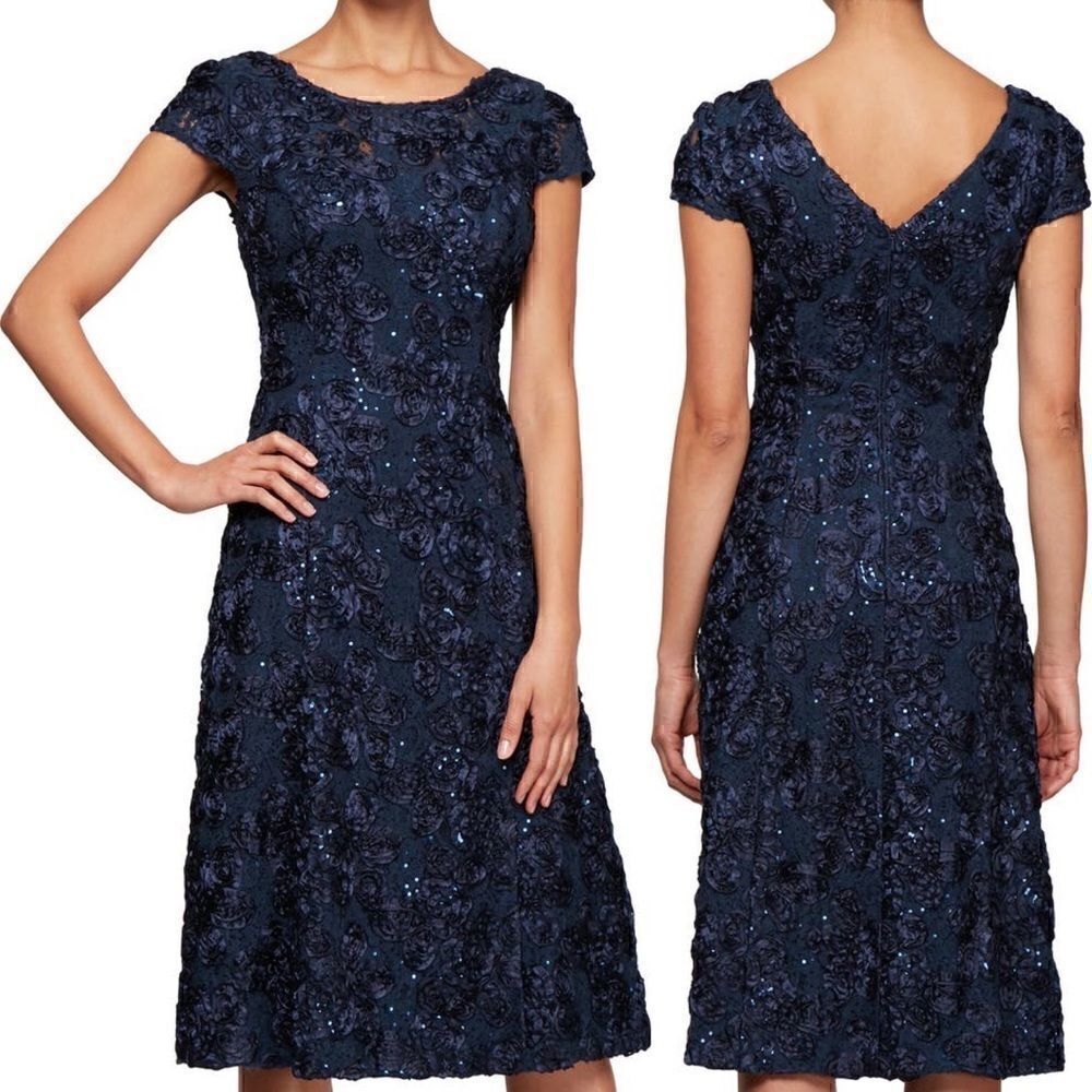 ALEX EVENINGS A-line Royal Blue Sequins Floral Cap Sleeve Rosette Dress NWOT